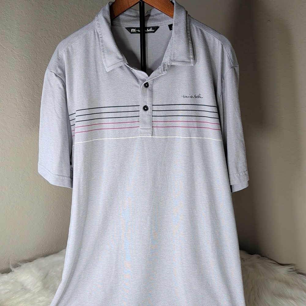 TravisMathew Polo Shirt Mens Large Grey Striped Harbour Town Golf‎ Links Logo